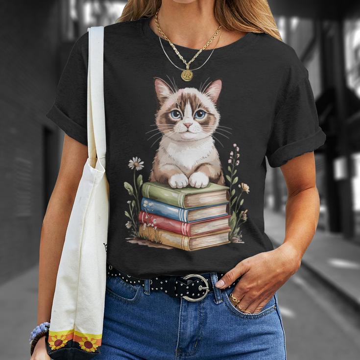 Snowshoe Cat Bookworm Flowers Book Reading Books T-Shirt Gifts for Her