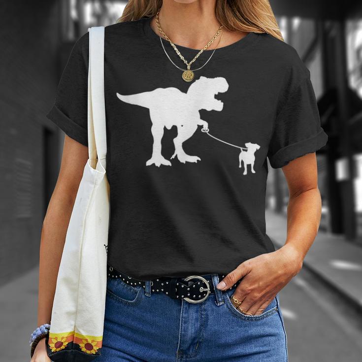 T-Rex Walking Jack Russel Divertente Cane Mamma Papà Dinosauro Trex Maglietta Regalos para ella