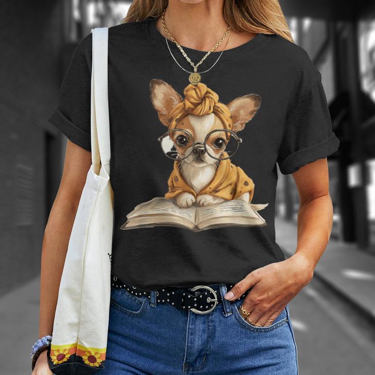 Tiny Puppy Open Book Reading Dog Lover Graphic Round Glasses T-Shirt Gifts for Her