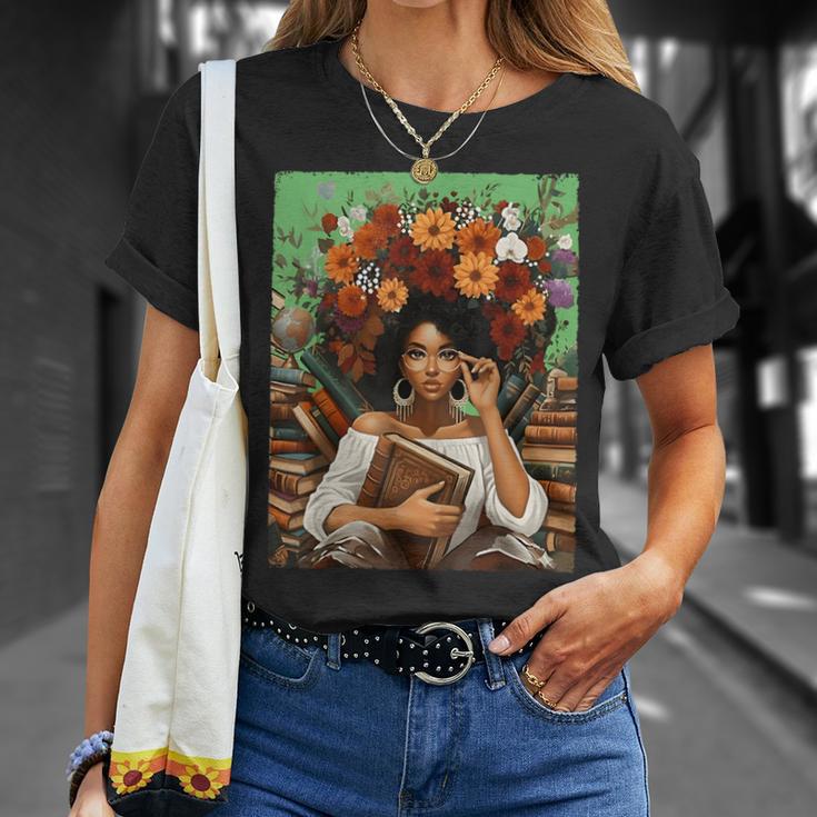 History Month Black Afro Girl Women Book Lovers Floral T-Shirt Gifts for Her