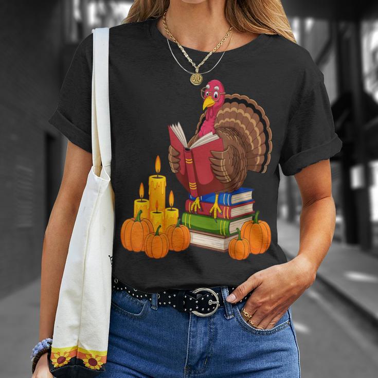 Turkey Reading Books Fall Thanksgiving Teacher Book T-Shirt Gifts for Her