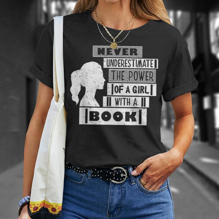 Never Underestimate Power Of Girl With Book Feminist Cute T-Shirt Gifts for Her