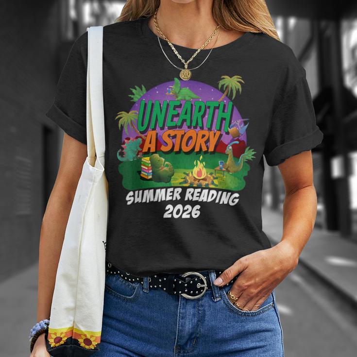 Unearth a Story Summer Reading 2026 Dinosaur T-Rex Book T-Shirt Gifts for Her