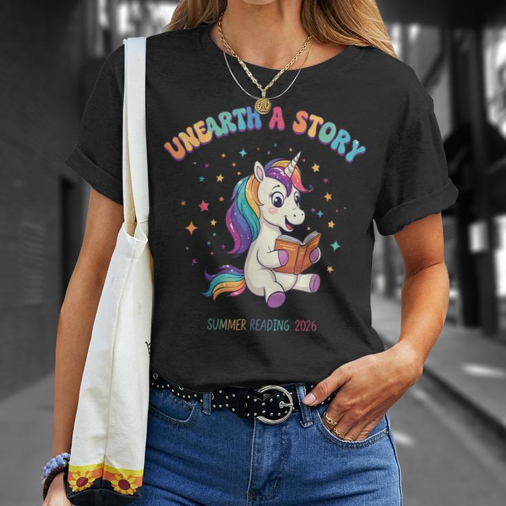 Unicorn Reading a Book Unearth a Story Program 2026 T-Shirt Gifts for Her