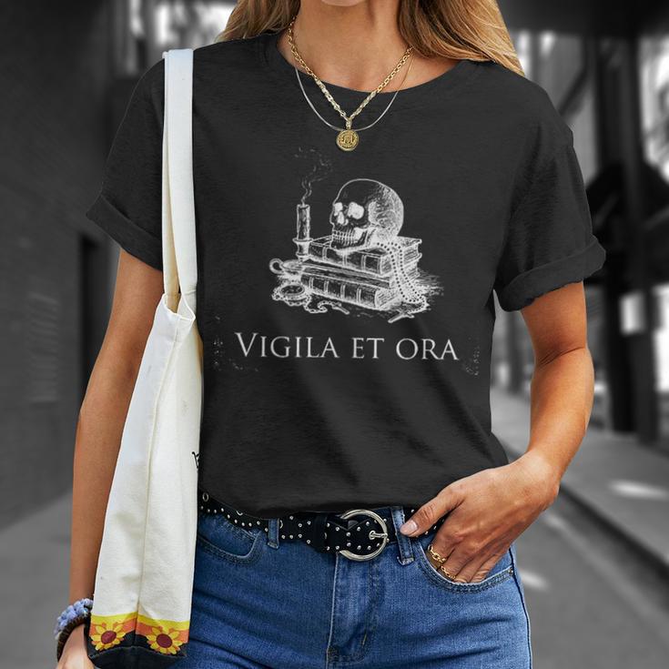 Vigila Et Ora Skull On Books Latin T-Shirt Gifts for Her