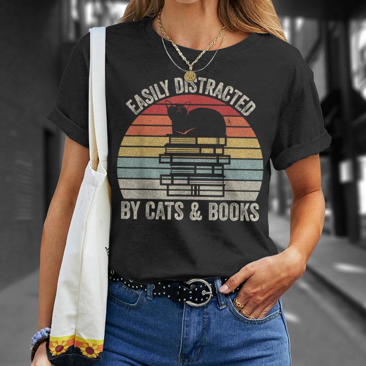 Vintage Retro Easily Distracted By Cats And Books Cat T-Shirt Gifts for Her