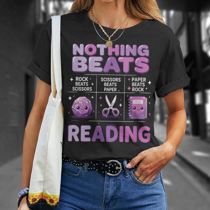 Women's Nothing Beats Reading Rock Paper Scissors Book Lover T-Shirt Gifts for Her