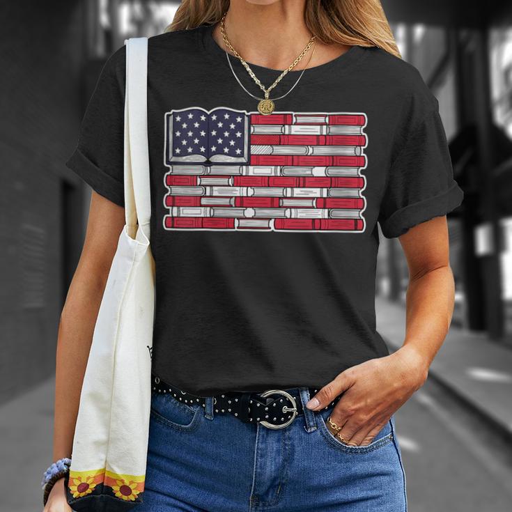 Women's Patriotic Book Flag Reading American Flag Books Teacher T-Shirt Gifts for Her