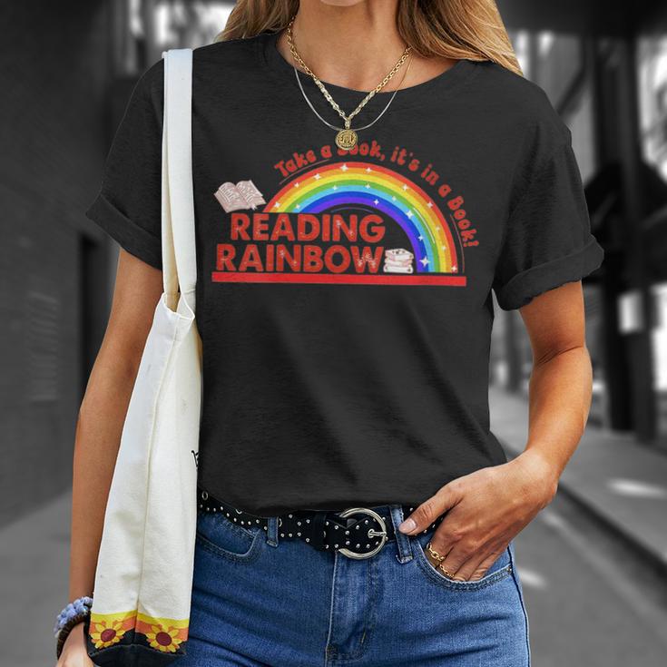 Women's Retro Rainbow Take A Look It's In A Book Reading Bookworm T-Shirt Gifts for Her