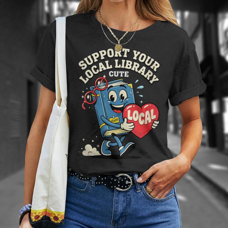 Women's Support Your Local Library Staff Retro Book Mascot T-Shirt Gifts for Her