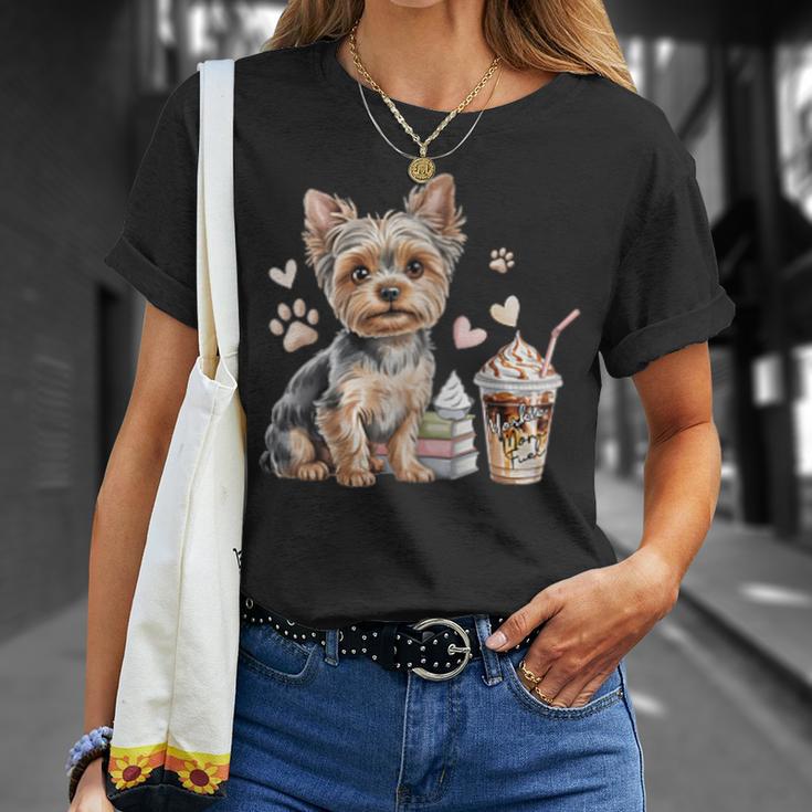 Women's Yorkie Dog Moms Iced Coffee And Books Yorkshire Terrier T-Shirt Gifts for Her