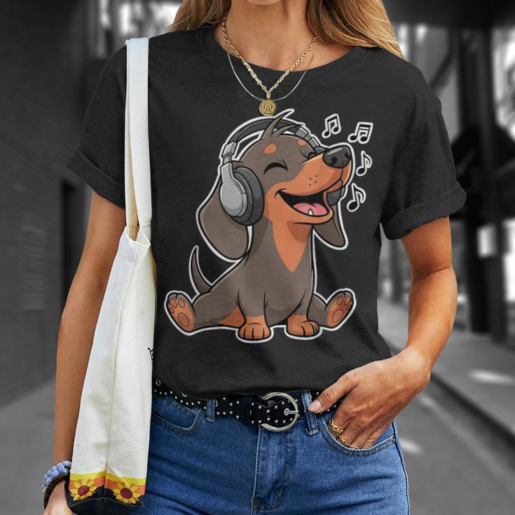 かわいいダックスフント音楽愛好家ヘッドフォン Tシャツ 彼女への贈り物