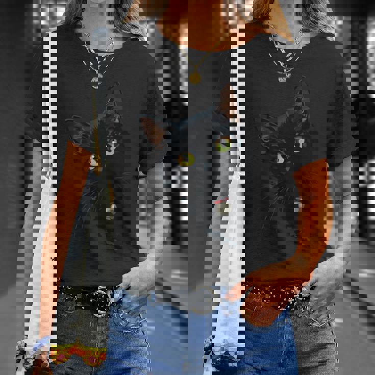 こっそり猫 物陰からじっと見つめる黒猫デザイン 長袖tシャツ Tシャツ 彼女への贈り物