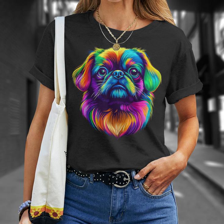 カラフル ペキニーズ犬の顔 かわいい 子犬好き 男性 女性 黒 Tシャツ 彼女への贈り物