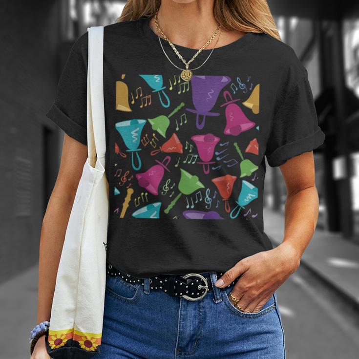 カラフルなハンドベルとメモ柄。 Tシャツ 彼女への贈り物