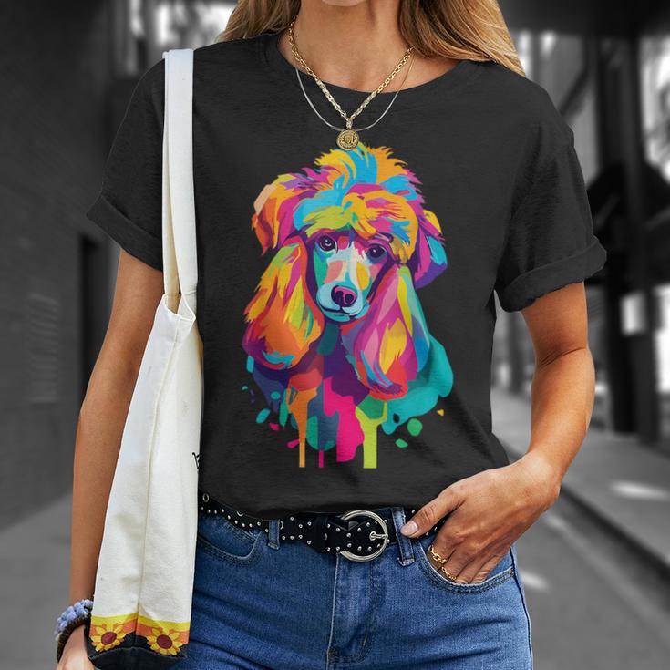 カラフルなポップアートデザイン スタンダードプードル犬 Tシャツ 彼女への贈り物