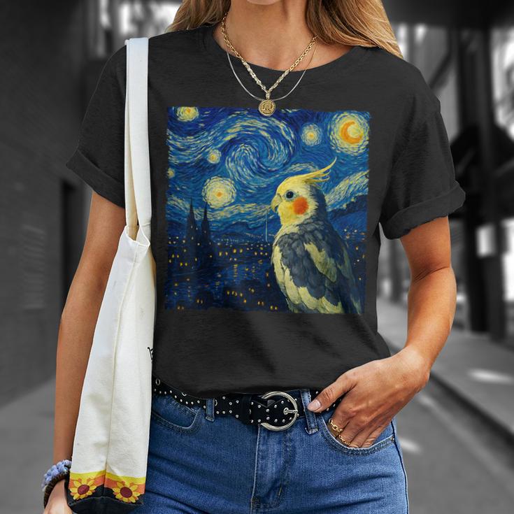 ゴッホの星空を見つめるかわいいオカメインコ 星月夜 Tシャツ 彼女への贈り物
