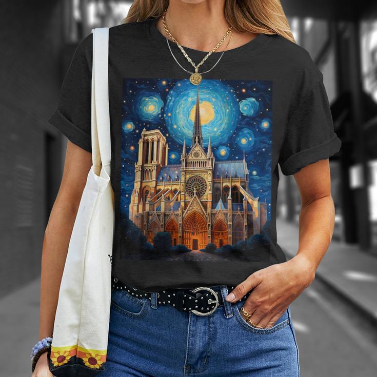 シュールレアリスム 星月夜 ノートルダム大聖堂 Tシャツ 彼女への贈り物