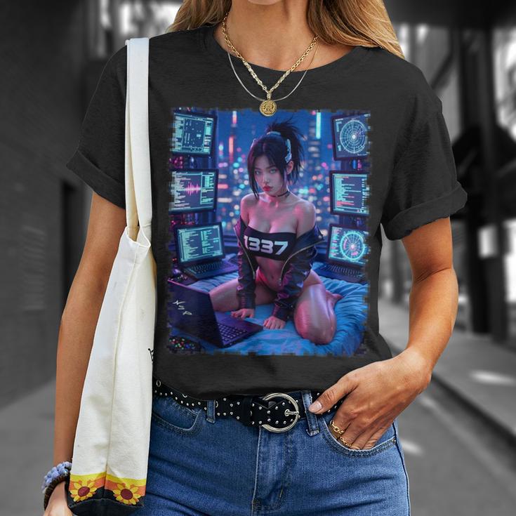 セクシーガールグラフィックtシャツ 1337 サイバーパンク ハッカーガール Tシャツ 彼女への贈り物