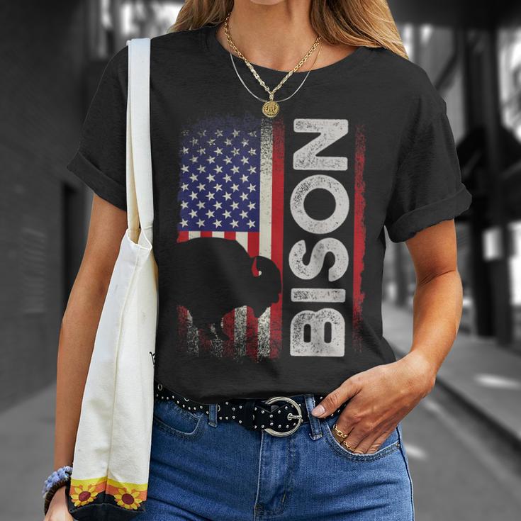 ハンティング アメリカンバイソン クリエイティブ ユーズド加工 アメリカ国旗 ハンター Tシャツ 彼女への贈り物