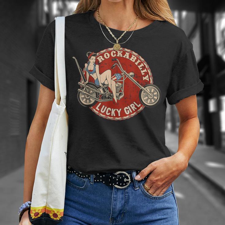 バイク ピンナップガール オールドスクール ロカビリー ラッキーガール Tシャツ 彼女への贈り物