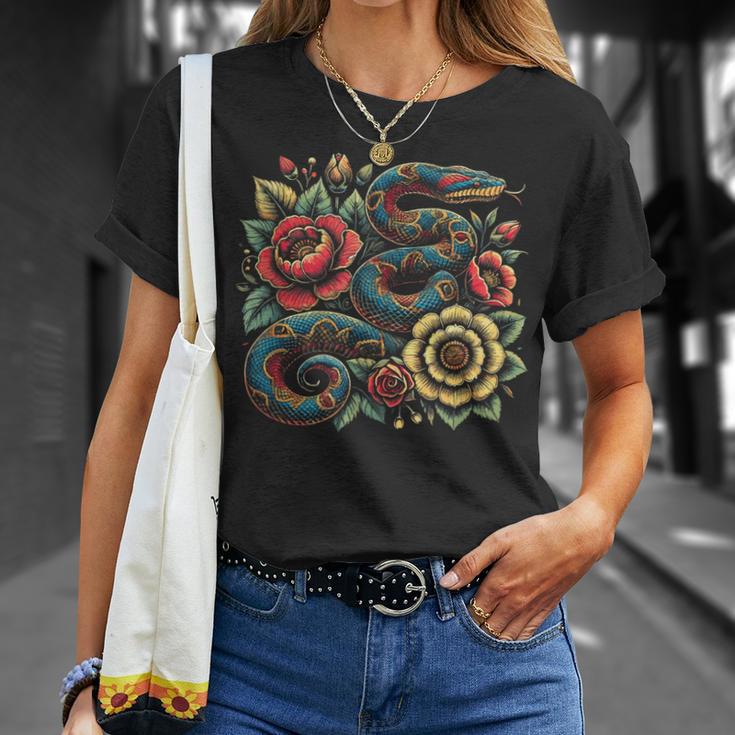 パイソン ヘビ フローラル ボール パイソン タトゥーフラワー Tシャツ 彼女への贈り物