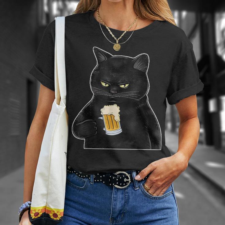 ビールを持っている黒猫 ヴィンテージ おもしろい ビール&猫好き Tシャツ 彼女への贈り物