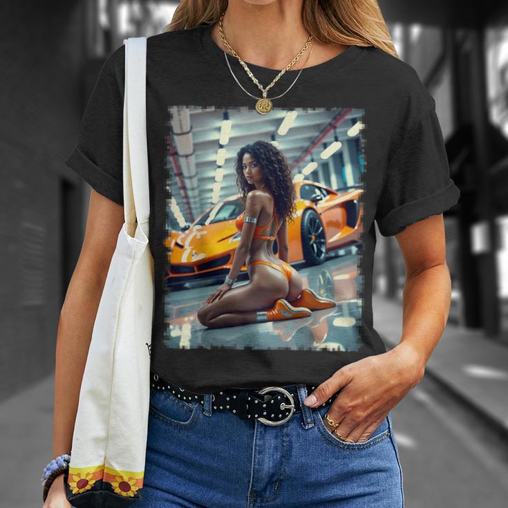ピンナップガールtシャツ 男性用 ブラックピンナップガール&エキゾチックカー Tシャツ 彼女への贈り物