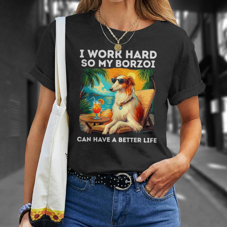 ボルゾイ・ラヴァー・アイ・ワーク・ハード・デザイン・ファニー・ボルゾイ・ドッグ Tシャツ 彼女への贈り物