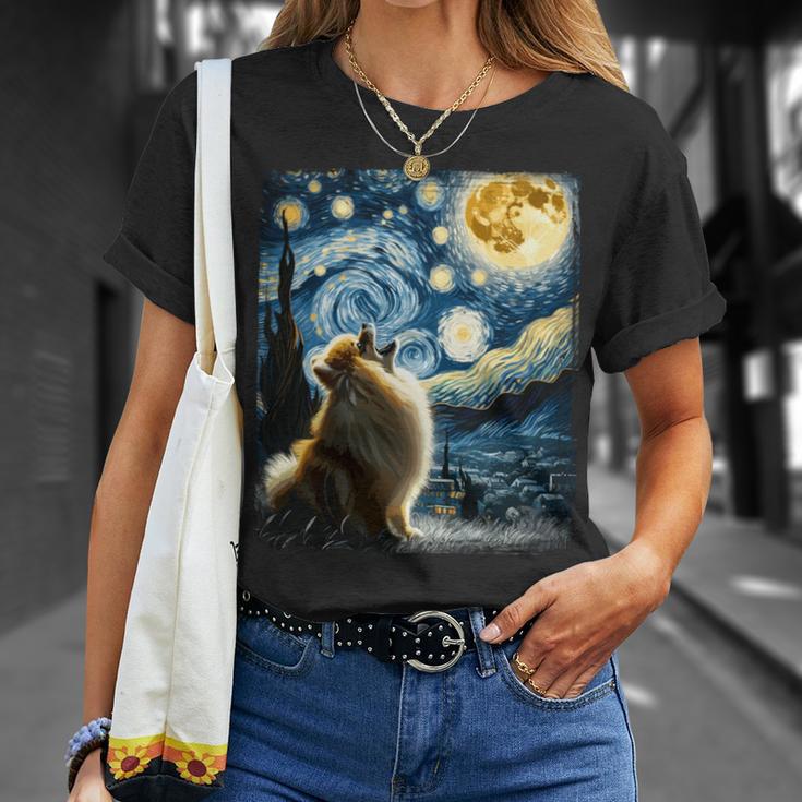 ポメラニアン 犬 イヌアート ゴッホ 星月夜 ポメラニアン 長袖tシャツ Tシャツ 彼女への贈り物