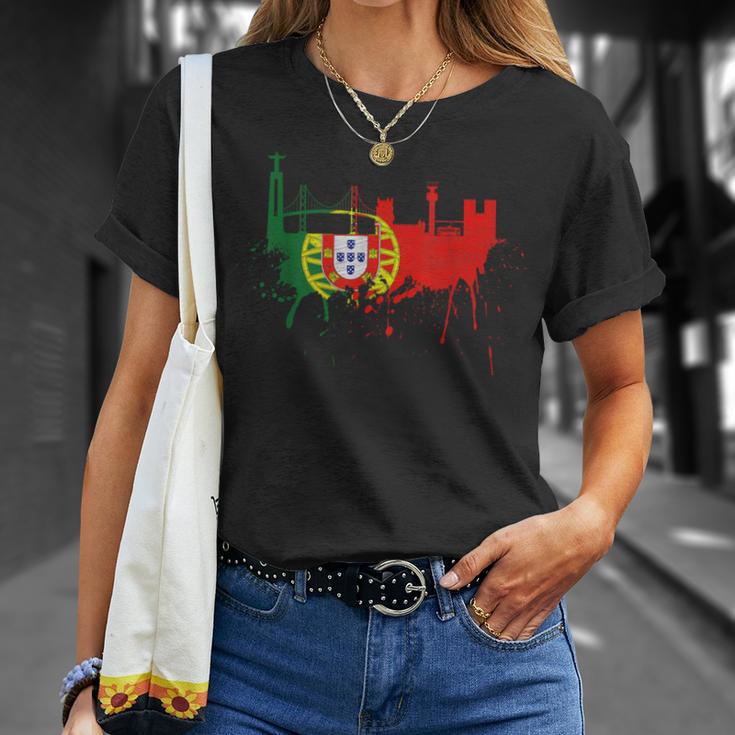 リスボン スカイライン ポルトガル国旗 絵画 ファンアート I Love Lisboa Tシャツ 彼女への贈り物