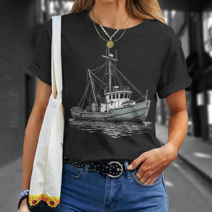 ヴィンテージ漁船 海 レトロ 船 漁師 イラスト Tシャツ 彼女への贈り物