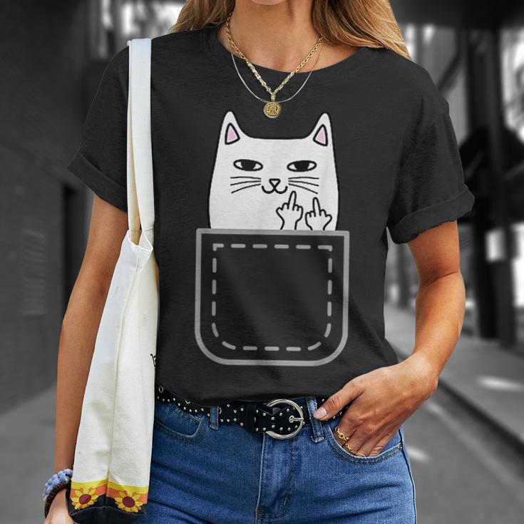 中指 猫 ポケット 面白い 漫画 猫 ホワイト プレミアム Tシャツ 彼女への贈り物