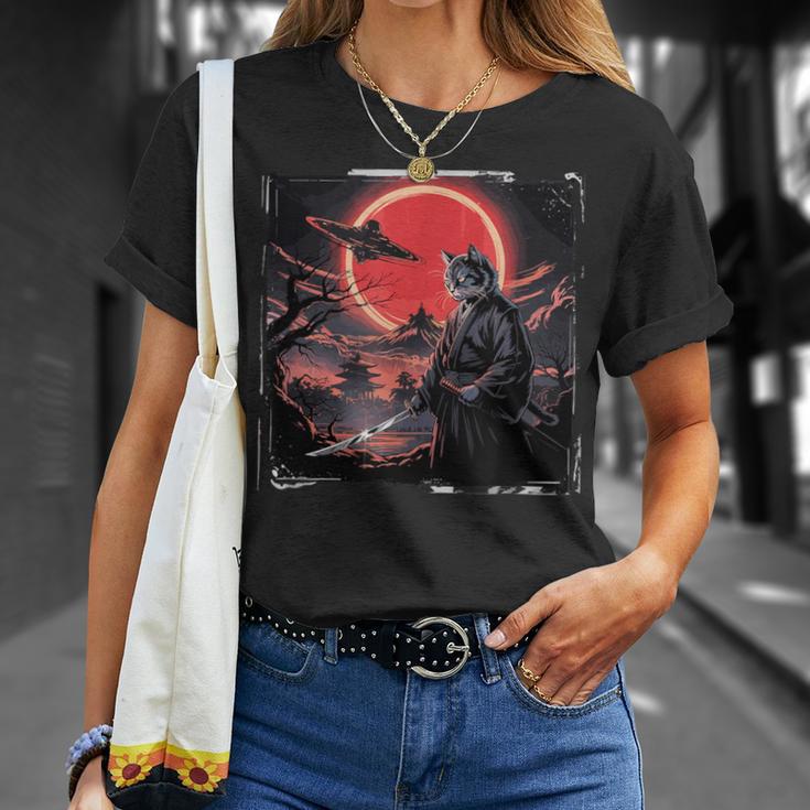 侍忍者 猫戦士 墨絵 Ufo 浮世絵f 日本語 Tシャツ 彼女への贈り物