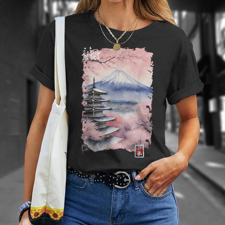 富士山 日本 桜 ヴィンテージ アニメ アート ピンク Tシャツ 彼女への贈り物