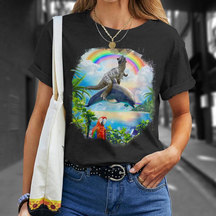 恐竜 ライディング イルカ レインボー イルカ Tシャツ 彼女への贈り物
