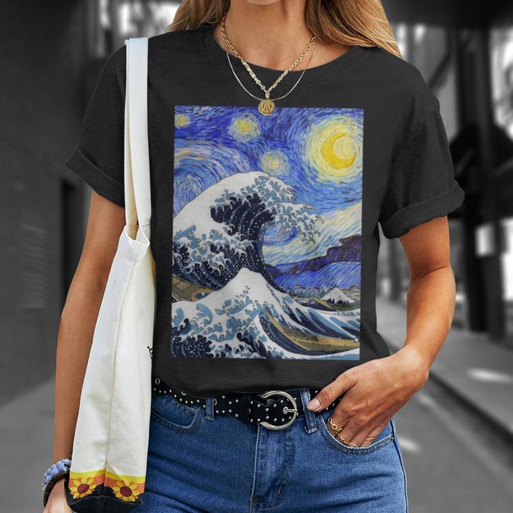 星月夜リメイクとミックスされた神奈川の大波 長袖tシャツ Tシャツ 彼女への贈り物