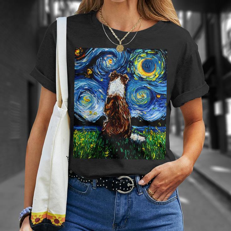 赤いボーダーコリー 星月夜犬 アートワーク Tシャツ 彼女への贈り物