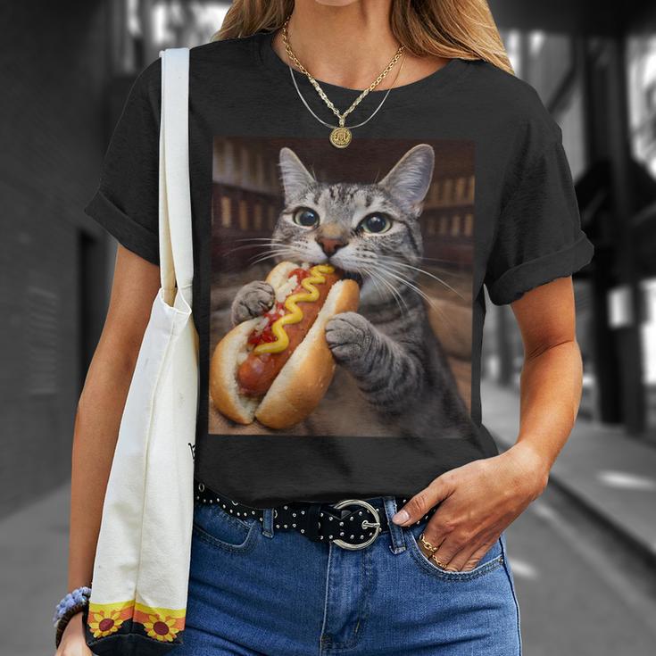 面白い猫を食べるホットドッグtシャツ リアルなタビーキャットフード ユーモア Tシャツ 彼女への贈り物