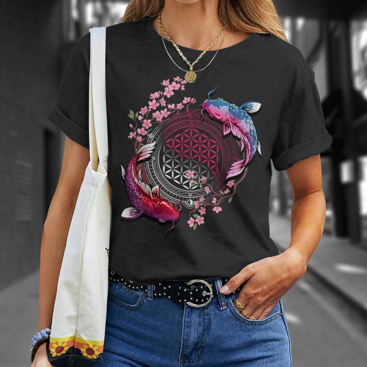 鯉魚フラワーオブライフ神聖幾何学桜アート Tシャツ 彼女への贈り物
