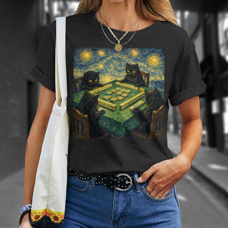 麻雀ファンゴッホスタイルで遊ぶ猫 麻雀カジノプレーヤー Tシャツ 彼女への贈り物