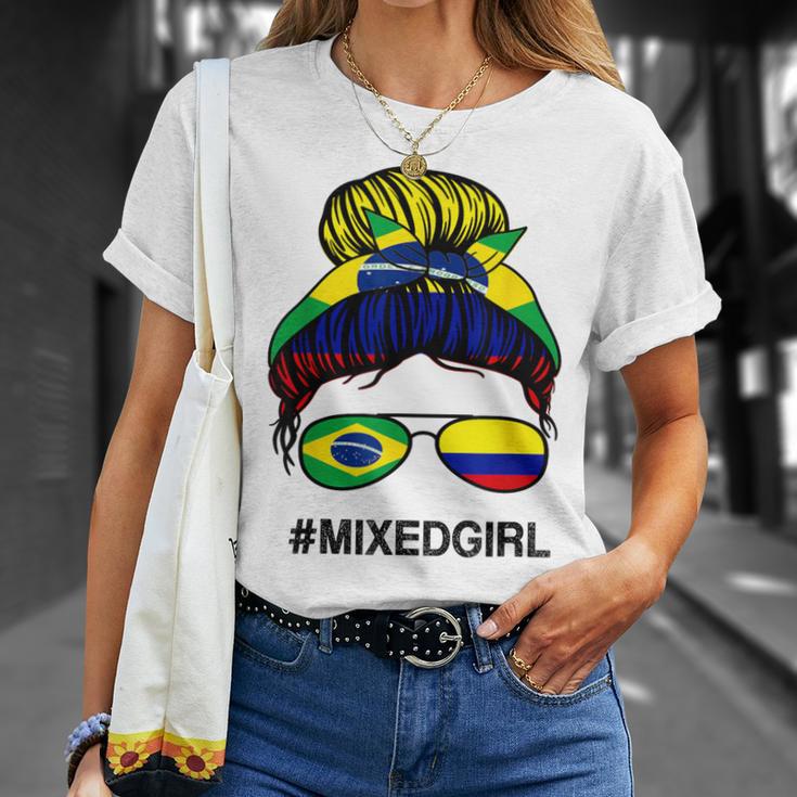 Brasil Colombia Bandera Brasil Colombiano Messy Bun Camiseta unisex Regalos para ella