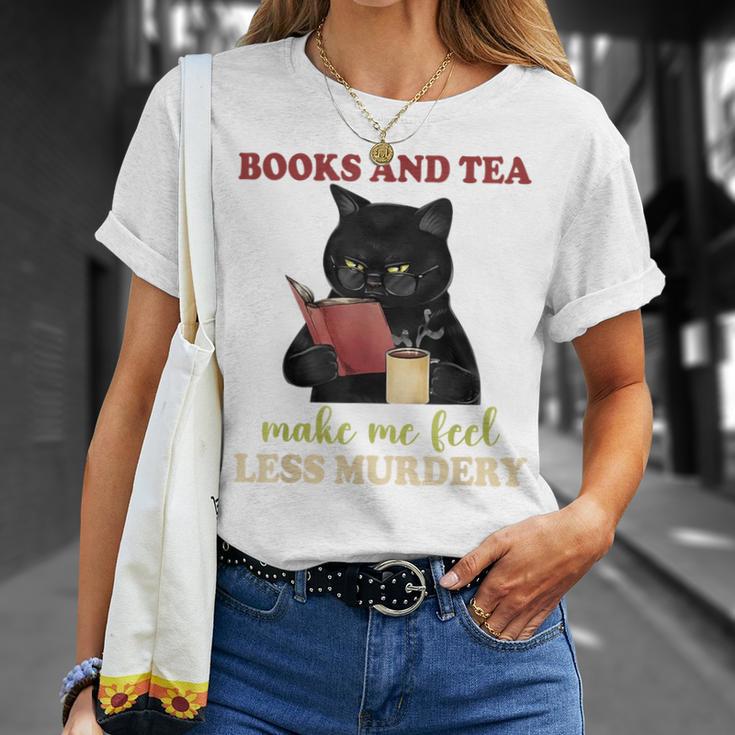 Cat Books And Tea Make Me Feel Less Murdery Quote T-Shirt Gifts for Her