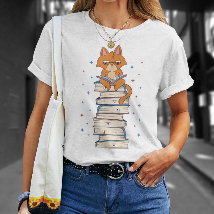 Cat Sits On Books Reading Reading Book Lover T-Shirt Gifts for Her