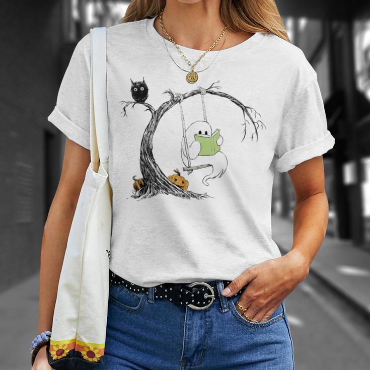 Cute Ghost Costume Reading Book Halloween T-Shirt Gifts for Her