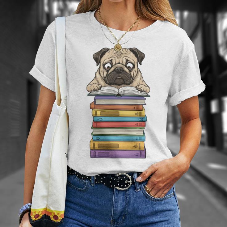 Cute Pug Dog Reading Book On Pile Of Books T-Shirt Gifts for Her
