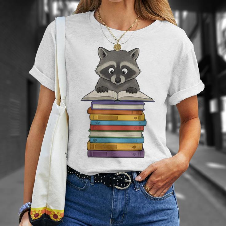 Cute Raccoon Reading On Pile Of Books T-Shirt Gifts for Her