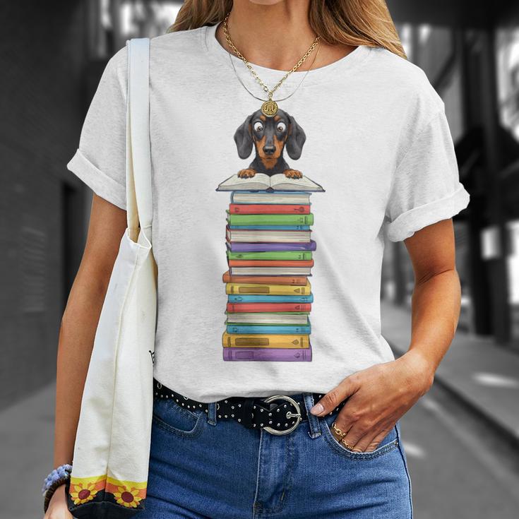 Cute Wiener Dog Dachshund Reading On Pile Of Books T-Shirt Gifts for Her