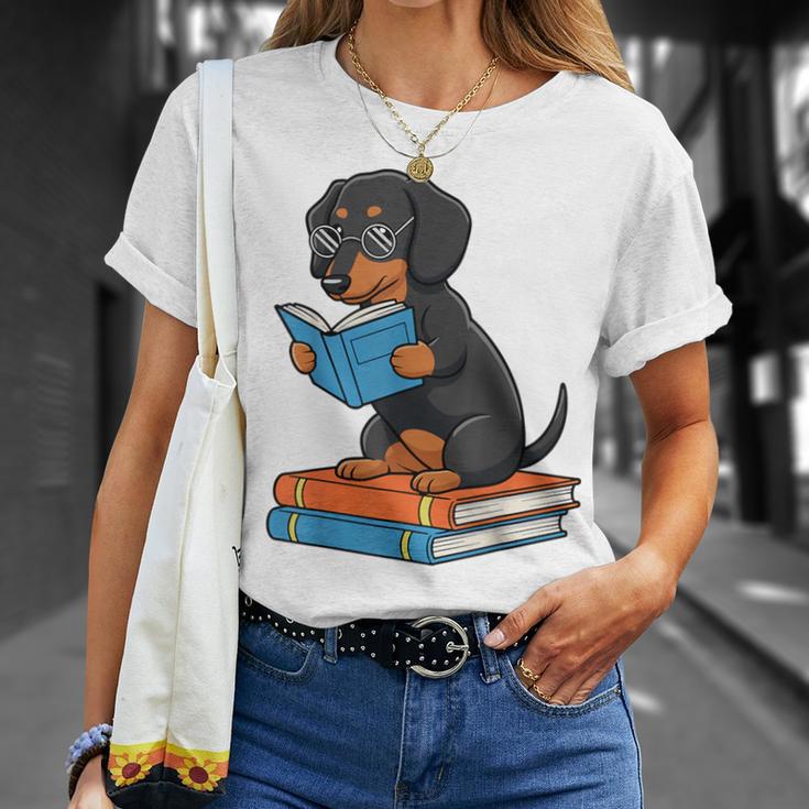 Dachshund Dog With Glasses Reading Book Librarian T-Shirt Gifts for Her