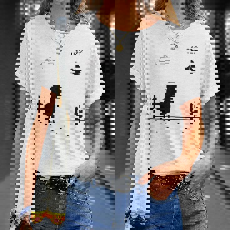 Dino T-Rex 恐竜 ピクセルゲーム インターネットなし オフライン 面白い 男性 Tシャツ 彼女への贈り物